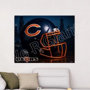 20x16 Chicago Bears Inspired Football Helmet Art Print Night Skyline Wall Deco
